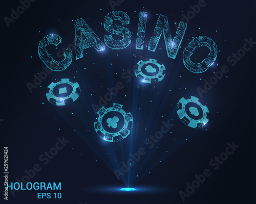 Casino hologram. Holographic projection of casino chips. Flickering energy flux of particles. The scientific design of gambling.