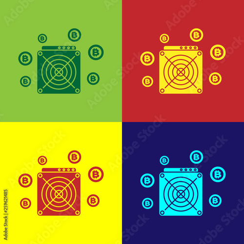 Color ASIC Miner icon isolated on color backgrounds. Cryptocurrency mining equipment and hardware. Application specific integrated circuit. Vector Illustration