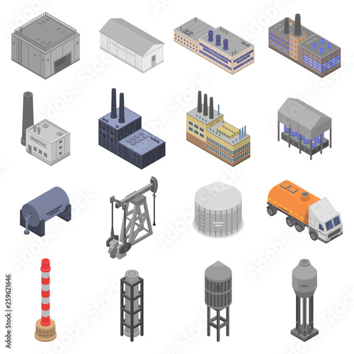 Refinery plant icons set. Isometric set of refinery plant vector icons for web design isolated on white background