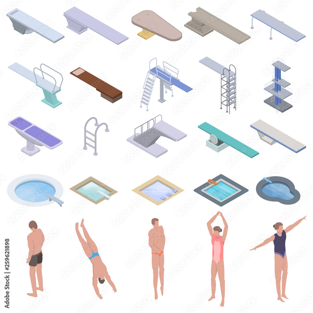 Diving board icons set. Isometric set of diving board vector icons for web design isolated on