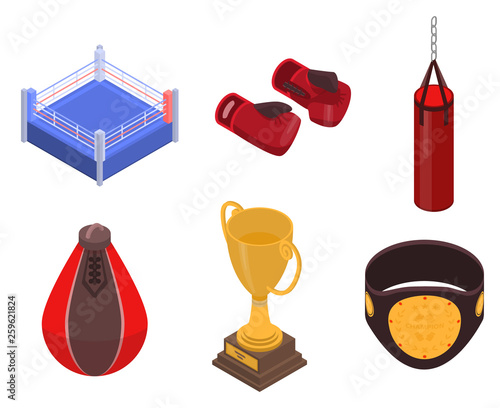 Boxing icons set. Isometric set of boxing vector icons for web design isolated on white background