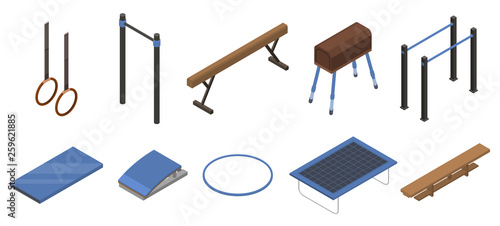 Gymnastics equipment icons set. Isometric set of gymnastics equipment vector icons for web design isolated on white background