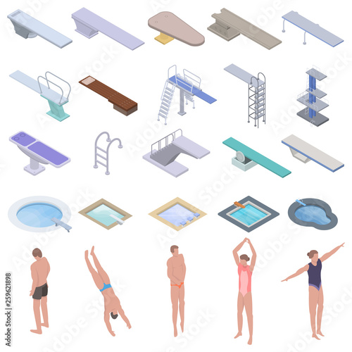 Diving board icons set. Isometric set of diving board vector icons for web design isolated on white background
