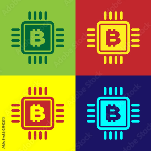 Color CPU mining farm icon isolated on color backgrounds. Bitcoin sign inside microchip. Cryptocurrency mining community. Digital money. Vector Illustration