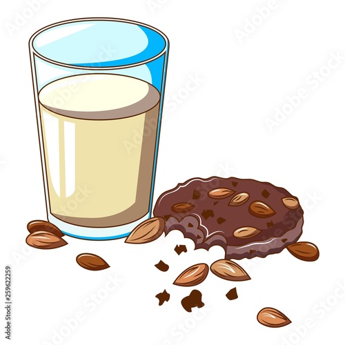 Glass milk almond cookie icon. Cartoon of glass milk almond cookie vector icon for web design isolated on white background