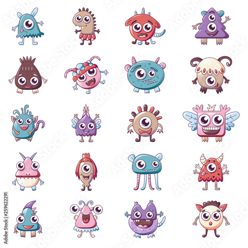 Monsters icons set. Cartoon set of monsters vector icons for web design