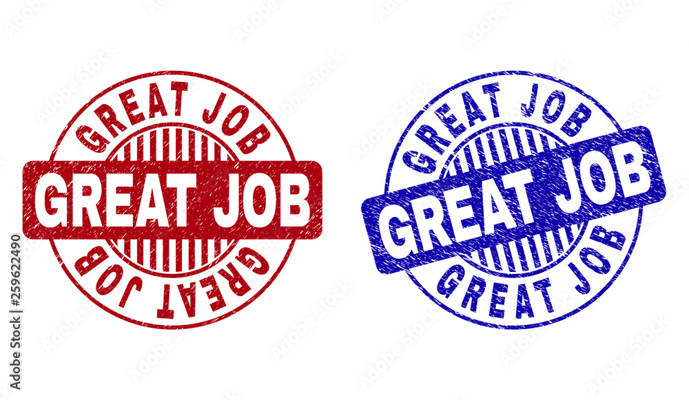 Grunge GREAT JOB round stamp seals isolated on a white background. Round seals with grunge texture in red and blue colors. Vector rubber imprint of GREAT JOB tag inside circle form with stripes. Grunge GREAT JOB round stamp seals isolated on a white background. Round seals with grunge texture in red and blue colors. Vector rubber imprint of GREAT JOB tag inside circle form with stripes.