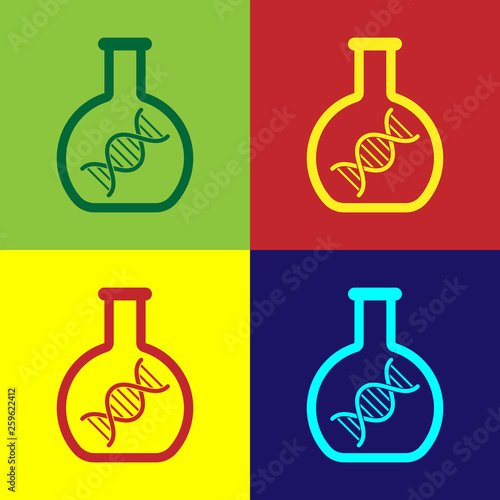 Color DNA research, search icon isolated on color backgrounds. Genetic engineering, genetics testing, cloning, paternity testing. Vector Illustration