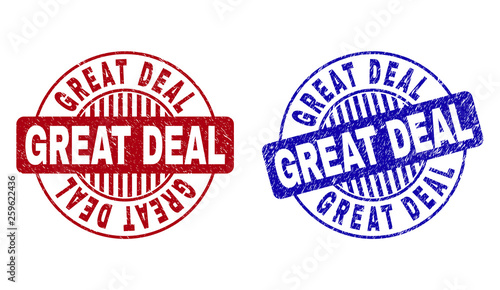 Grunge GREAT DEAL round stamp seals isolated on a white background. Round seals with grunge texture in red and blue colors.