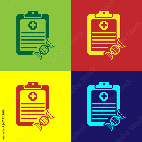 Color Clipboard with DNA analysis icon isolated on color backgrounds. Genetic engineering, genetics testing, cloning, paternity testing. Vector Illustration