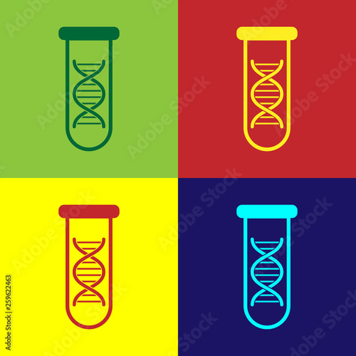 Color DNA research, search icon isolated on color backgrounds. Genetic engineering, genetics testing, cloning, paternity testing. Vector Illustration
