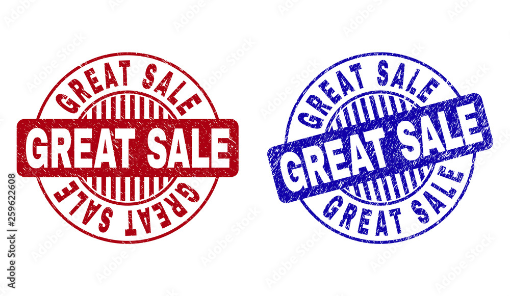 Grunge GREAT SALE round stamp seals isolated on a white background. Round seals with grunge texture in red and blue colors. Grunge GREAT SALE round stamp seals isolated on a white background. Round seals with grunge texture in red and blue colors.