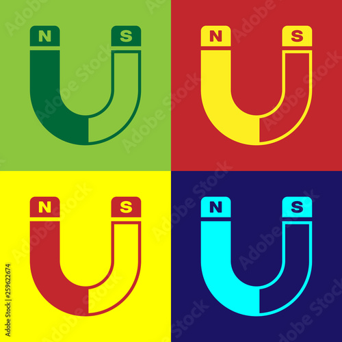 Color Magnet icon isolated on color backgrounds. Horseshoe magnet, magnetism, magnetize, attraction sign. Vector Illustration