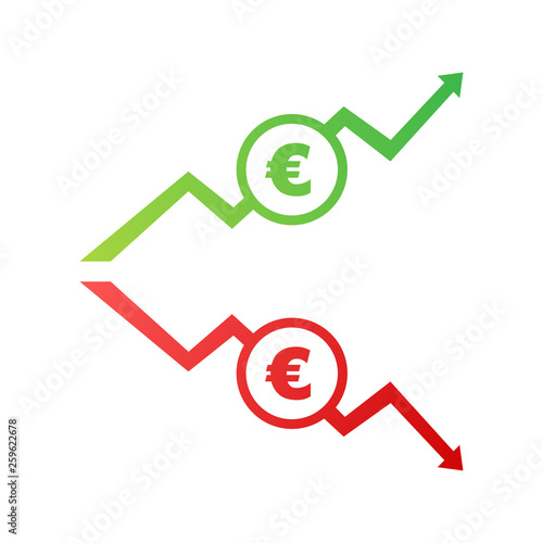Up and Down arrows with Euro sign in flat icon design on white background. Vector illustration.