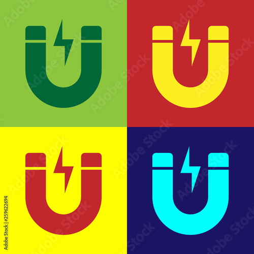 Color Magnet with lightning icon isolated on color backgrounds. Horseshoe magnet, magnetism, magnetize, attraction sign. Vector Illustration