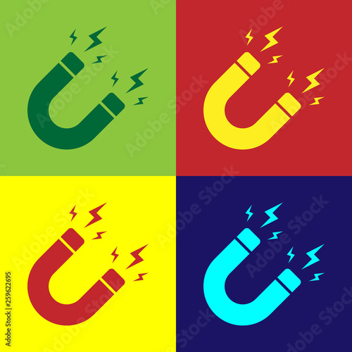 Color Magnet with lightning icon isolated on color backgrounds. Horseshoe magnet, magnetism, magnetize, attraction sign. Vector Illustration