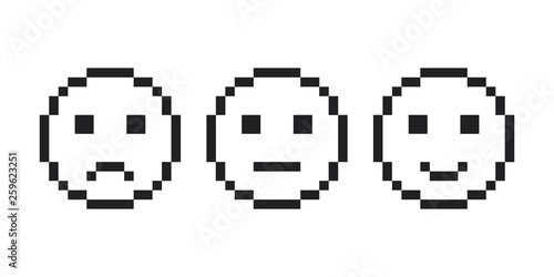 Feedback emoticon, Pixel smile emoji face icon.  Pixel Emotion  smile, Feedback emoticon- face set. Smiley, emoji face smile, pixel style.