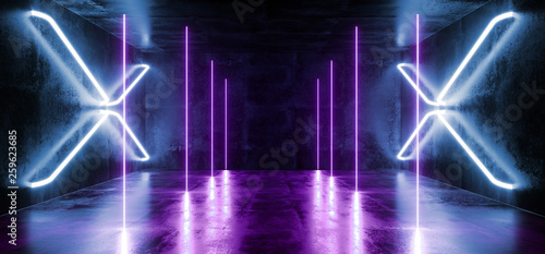 Fototapeta Naklejka Na Ścianę i Meble -  Dark Sci Fi Futuristic Virtual Reality Stage Empty Hall Garage Hall Room Tunnel Glowing Lasers Neon Fluorescent Cross Shaped Lights Vertical Lines Purple Blue Grunge Concrete 3D Rendering