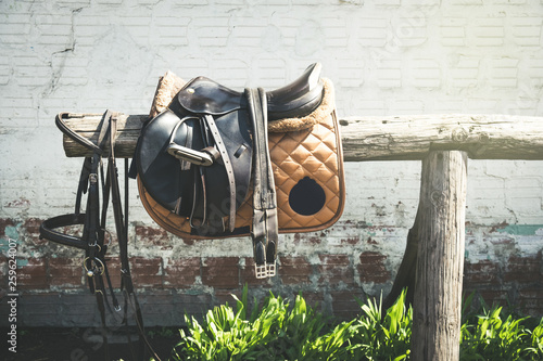 Horse saddle prepared for mounting on a horse photo