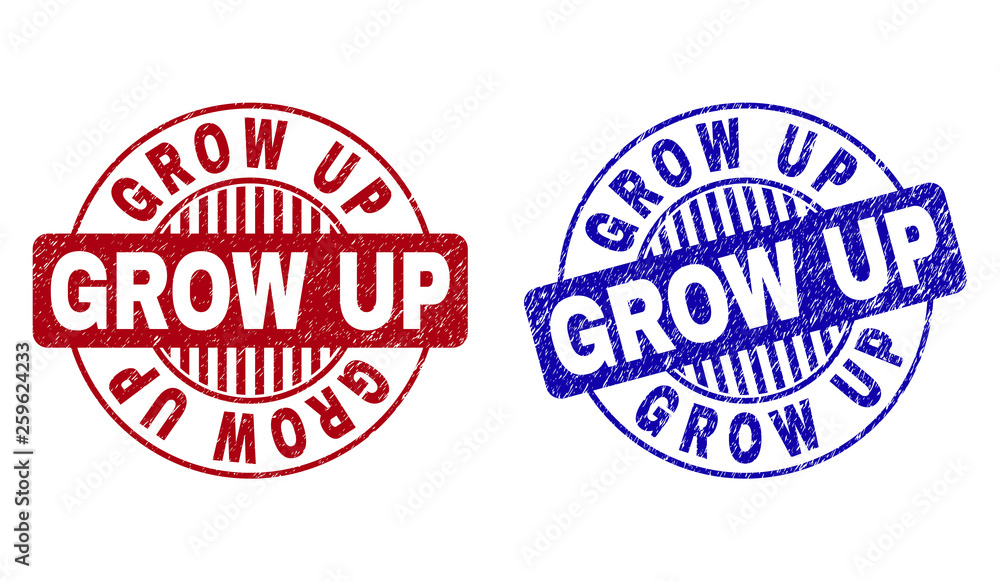 Grunge GROW UP round stamp seals isolated on a white background. Round seals with distress texture in red and blue colors. Vector rubber imitation of GROW UP title inside circle form with stripes. Grunge GROW UP round stamp seals isolated on a white background. Round seals with distress texture in red and blue colors. Vector rubber imitation of GROW UP title inside circle form with stripes.