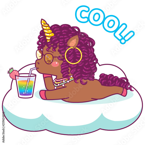 Cool afro unicorn with sunglasses drinking a rainbow cocktail on a cloud