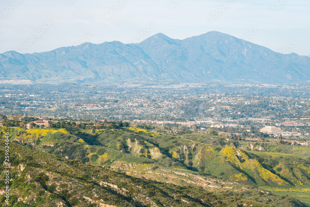 View of hills and mountains from Moulton Meadows Park, in Laguna Beach, Orange County, California