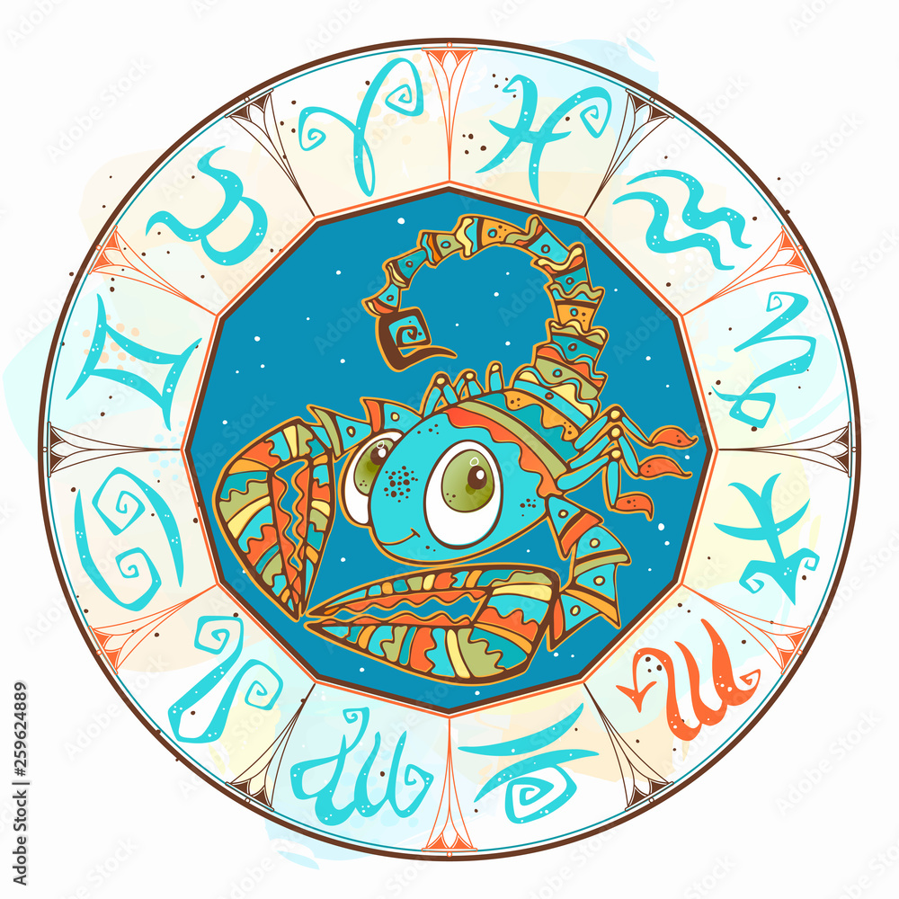 Naklejka premium Horoscope for children sign Scorpio in the zodiac circle. Vector.