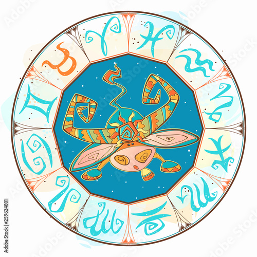 Horoscope for children sign Taurus in the zodiac circle. Vector.