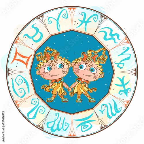 Horoscope for children sign Gemini in the zodiac circle. Vector.