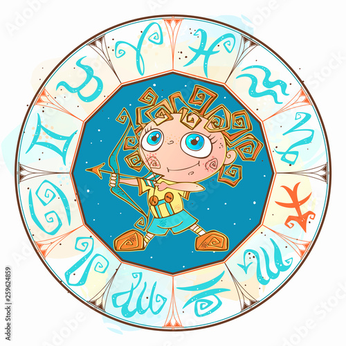 Horoscope for children sign Saggitarius in the zodiac circle. Vector.