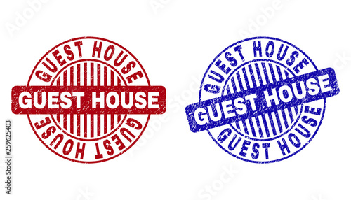 Grunge GUEST HOUSE round stamp seals isolated on a white background. Round seals with grunge texture in red and blue colors. Vector rubber overlay of GUEST HOUSE tag inside circle form with stripes.