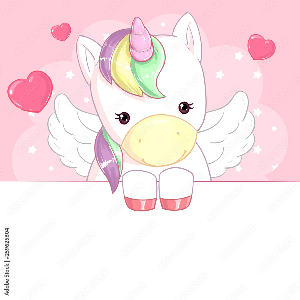 Cute magic unicorn on pink background with hearts with a banner. Children's character. Cute magic unicorn on pink background with hearts with a banner. Children's character.