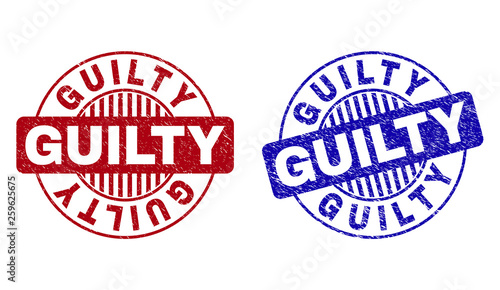 Grunge GUILTY round stamp seals isolated on a white background. Round seals with grunge texture in red and blue colors. Vector rubber imitation of GUILTY caption inside circle form with stripes.
