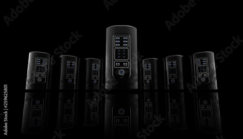 3D illustration/ 3D rendering - New style Servers for web site and banner on black background, Internet servers, hosting site