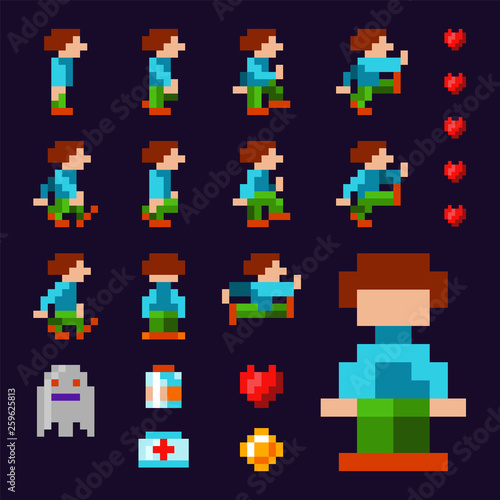 Pixel video game hero, all movement phases. 8 bit arcade vintage game hero. Moving retro video game pixel personage.
