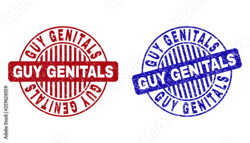 Grunge GUY GENITALS round stamp seals isolated on a white background. Round seals with grunge texture in red and blue colors.