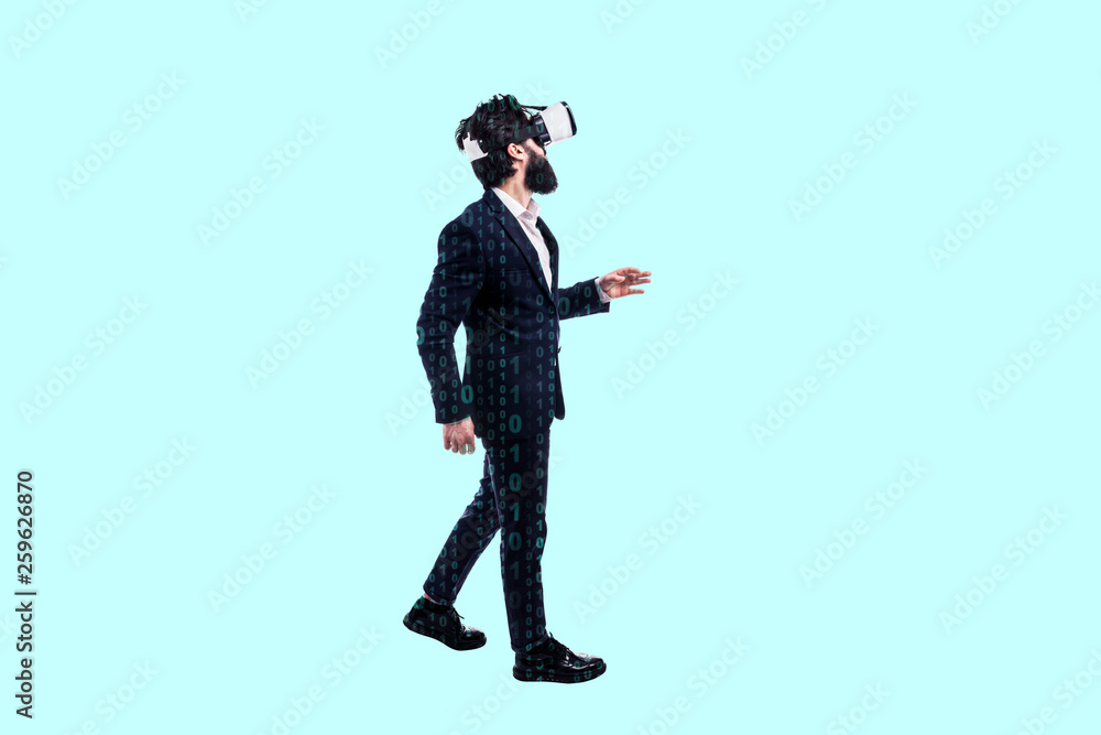 Naklejka premium Full length portrait of a businessman in glasses of virtual reality with binary code on him, concept of virtual reality in programming, mixed media