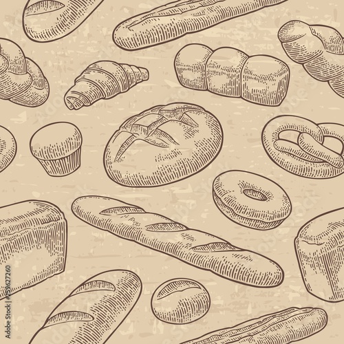Seamless Pattern for bakery. Vector black hand drawn vintage engraving