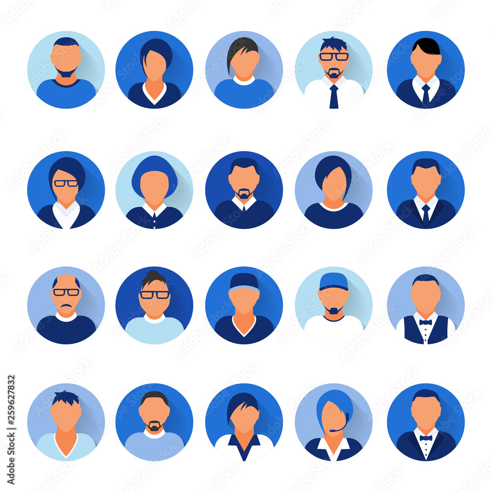 Flat modern blue minimal avatar icons. Business concept, global communication. Web site user profile. Social media, network elements. Flat modern blue minimal avatar icons. Business concept, global communication. Web site user profile. Social media, network elements.