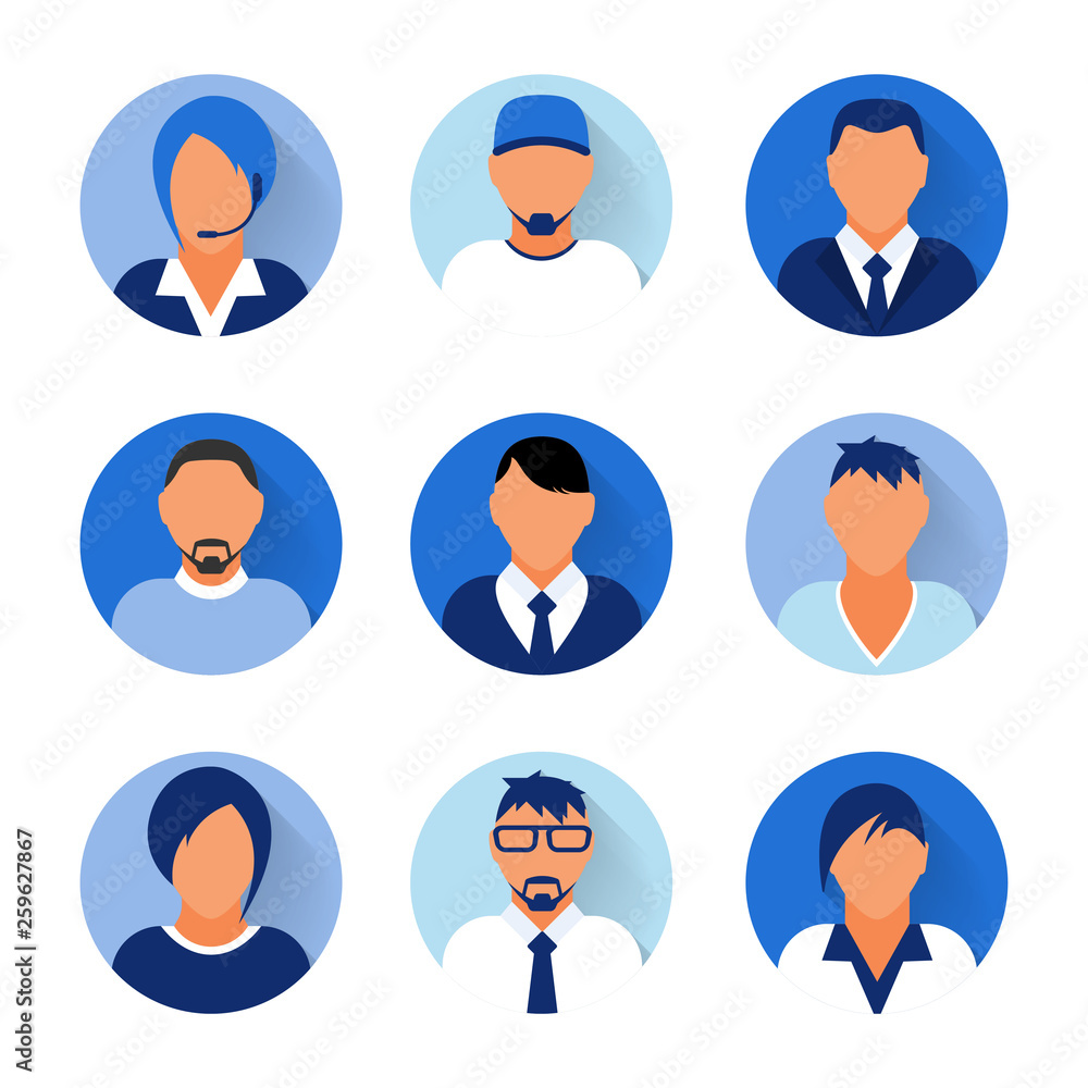 Flat modern blue minimal avatar icons. Business concept, global communication. Web site user profile. Social media, network elements. Flat modern blue minimal avatar icons. Business concept, global communication. Web site user profile. Social media, network elements.