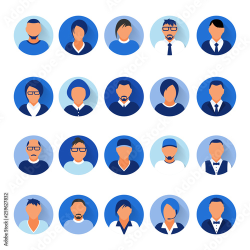 Flat modern blue minimal avatar icons. Business concept, global communication. Web site user profile. Social media, network elements.