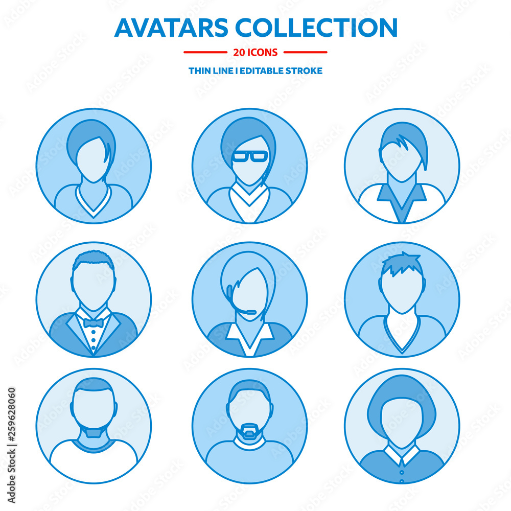 Flat modern minimal line avatar icons. Business concept, global communication. Web site user profile. Social media, network elements. Flat modern minimal line avatar icons. Business concept, global communication. Web site user profile. Social media, network elements.