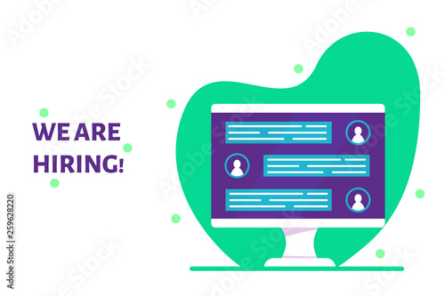 Concept for online recruitment or job hiring. Applying for job via internet. Vector illustration of computer with cv files.