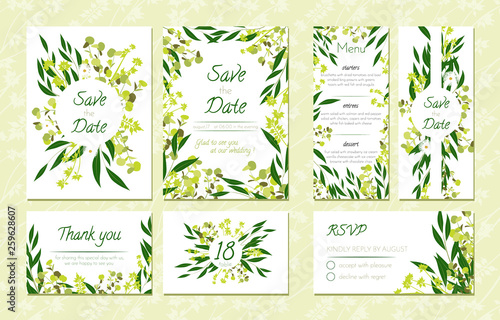 Eucalyptus Design. Wedding Invitation, Menu, Rsvp, Thank You Label. Save the Date Card Templates Set with Greenery, Decorative Floral and Herbs Element. Vintage Botanical Illustration with Eucalyptus.