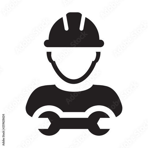 Contractor icon vector male worker person profile avatar with hardhat helmet and wrench or spanner tool in glyph pictogram illustration