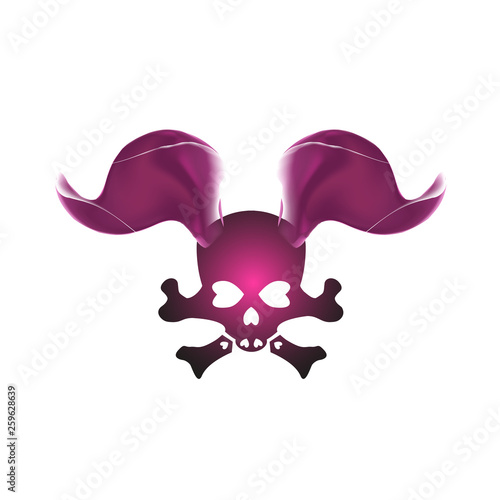 Dark pink Skull with pigtails. Grunge anime hearts and bones. Designed for use as a mascot. Illustration for design, isolated vector Art. Eps 10