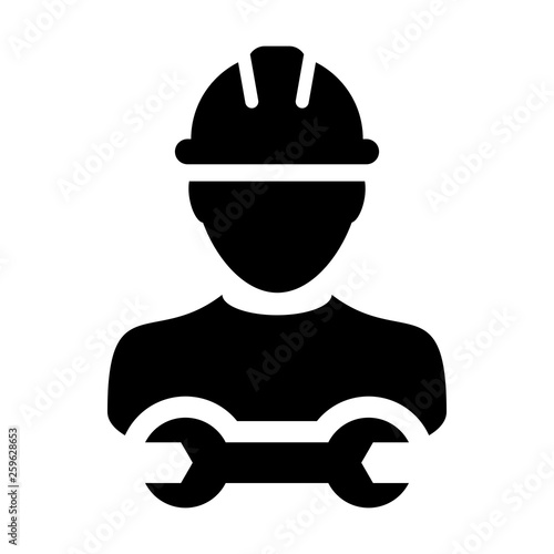 Safety worker icon vector male construction service person profile avatar with hardhat helmet and wrench or spanner tool in glyph pictogram illustration