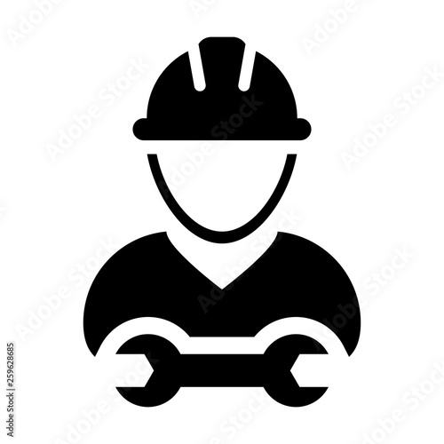 Employee icon vector male construction worker person profile avatar with hardhat helmet and wrench or spanner tool in glyph pictogram illustration