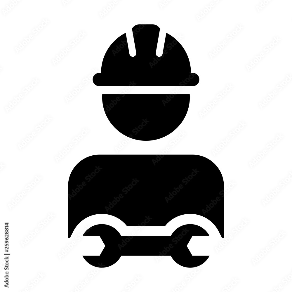 Worker icon vector male construction service person profile avatar with hardhat helmet and wrench or spanner tool in glyph pictogram illustration Worker icon vector male construction service person profile avatar with hardhat helmet and wrench or spanner tool in glyph pictogram illustration
