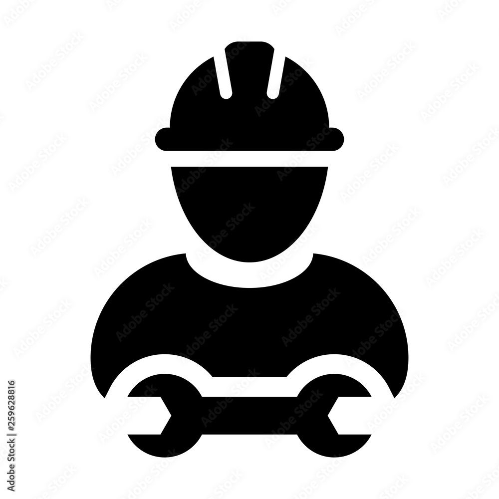 Builder icon vector male construction worker person profile avatar with hardhat helmet and wrench or spanner tool in glyph pictogram illustration Builder icon vector male construction worker person profile avatar with hardhat helmet and wrench or spanner tool in glyph pictogram illustration